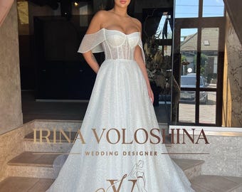 Tulle wedding dress Off the shoulder wedding dress Corset wedding dress Sparkly wedding dress Beach wedding dress A line wedding dress