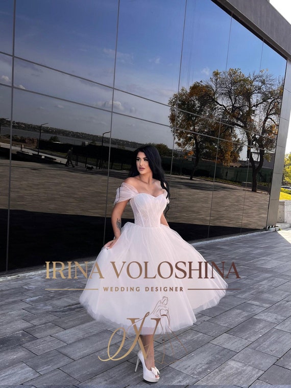 Off the shoulder tea length wedding dress online