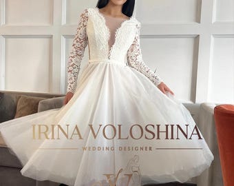 Lace wedding dress Elopement dress Short wedding dress Tea length wedding dress Minimalist wedding dress Long sleeve wedding dress