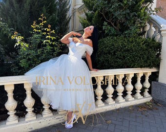 Short wedding dress Tea length wedding dress Elopement dress Glitter dress Minimalist wedding dress Off the shoulder wedding dress