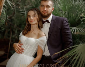 Tulle wedding dress Corset wedding dress Beach wedding dress Off the shoulder wedding dress A line wedding dress Fairy dress Ball gown