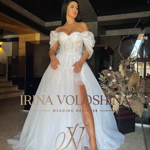 Off shoulder wedding dress with slit Glitter princess ball gown Tulle wedding dress Lace wedding dress Corset bridal dress Bridal gown