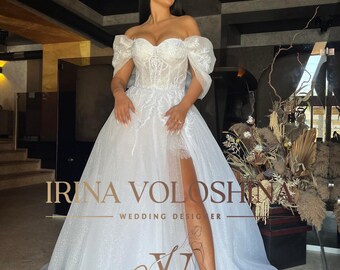Robe de mariée à épaules dénudées et fente Robe de bal princesse pailletée Robe de mariée en tulle Robe de mariée en dentelle Robe de mariée corset Robe de mariée