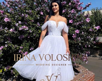 Short wedding dress Tea length wedding dress Elopement dress Glitter dress Minimalist wedding dress Off the shoulder wedding dress