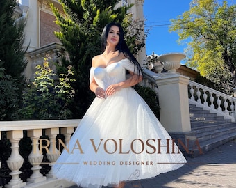Tea length wedding dress Elopement dress Short wedding dress Midi wedding dress Minimalist wedding dress Off the shoulder wedding dress
