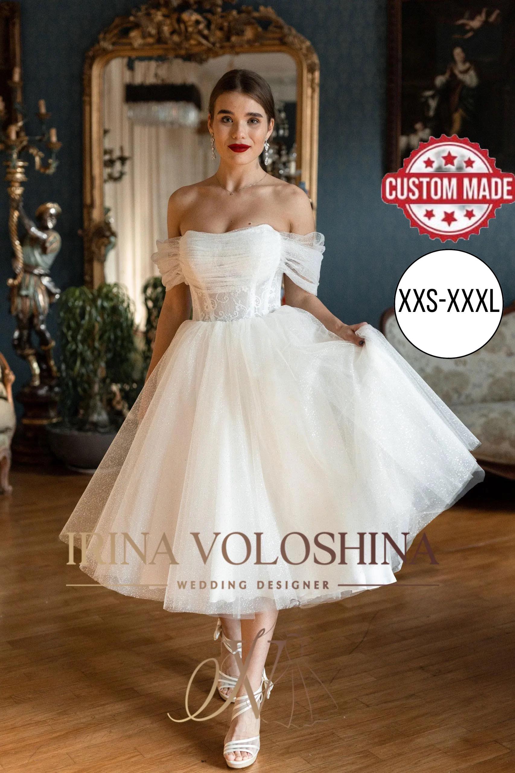 Elopement dress Tea length wedding dress Bridal dress Short wedding dress Off the shoulder wedding dress Tulle wedding dress Sparkling dress