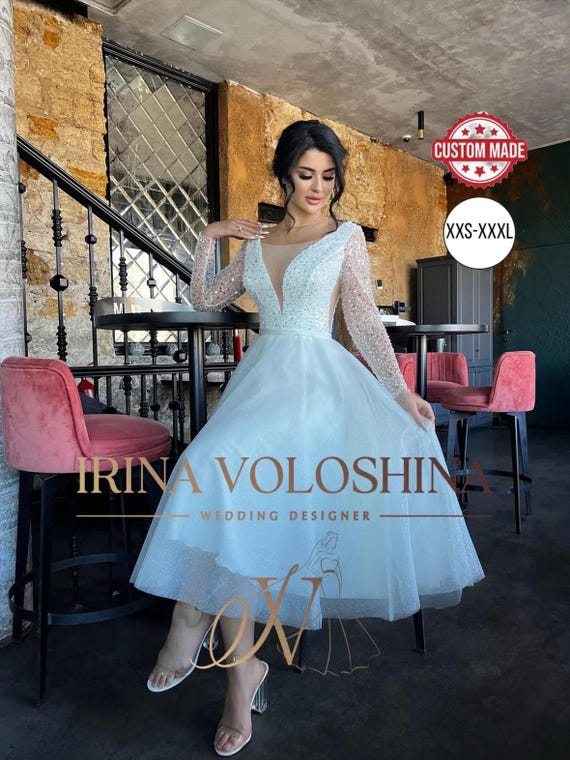 long sleeve lace and chiffon wedding dress Two Piece Bateau Long Sleeves Chiffon Wedding Dress with Lace US4 / White