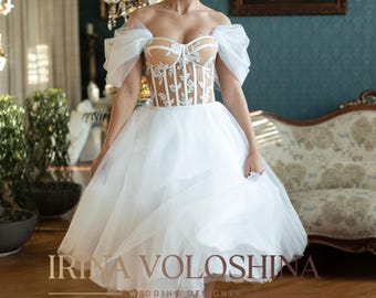 Tea length wedding dress Elopement wedding dress Short wedding dress Tulle wedding dress Rehearsal dress Simple wedding dress Bridal dress