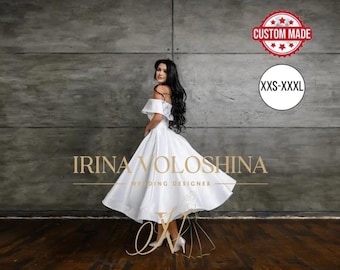 Short wedding dress Off the shoulder wedding dress Tea length wedding dress Satin wedding dress Custom wedding dress Modest wedding dress