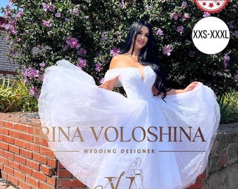 Short wedding dress Tea length wedding dress Elopement dress Glitter dress Minimalist wedding dress Off the shoulder wedding dress