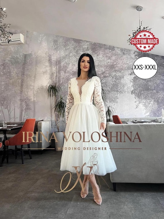 Lace Wedding Dress Elopement Dress Short Wedding Dress Tea Length Wedding Dress Minimalist Wedding Dress Long Sleeve Wedding Dress