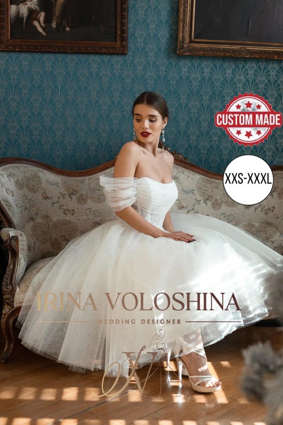 Reception dress Elopement dress Tea length wedding dress Tulle wedding dress Bridal dress Short wedding dress Off the shoulder wedding dress Reception dress Elopement dress Tea length wedding dress Tulle wedding dress Bridal dress Short wedding dress Off the shoulder wedding dress