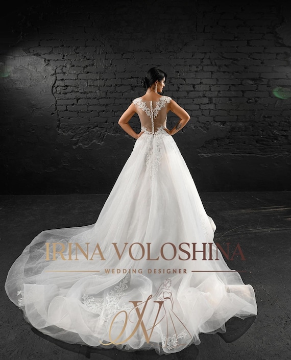 open back tulle wedding dress A-Line Tulle Wedding Dress Deep V neckline Slit Skirt & Open Back Think Bridal