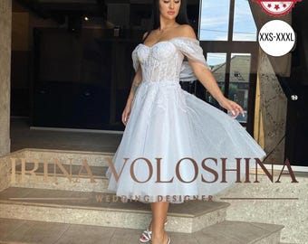 Tea length wedding dress Elopement dress Midi wedding dress Corset wedding dress Lace wedding dress Embroidered wedding dress Bridal dress