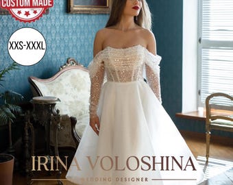 Short wedding dress Tea length wedding dress Corset wedding dress Sparkling dress Sleeves wedding dress Off the shoulder wedding dress