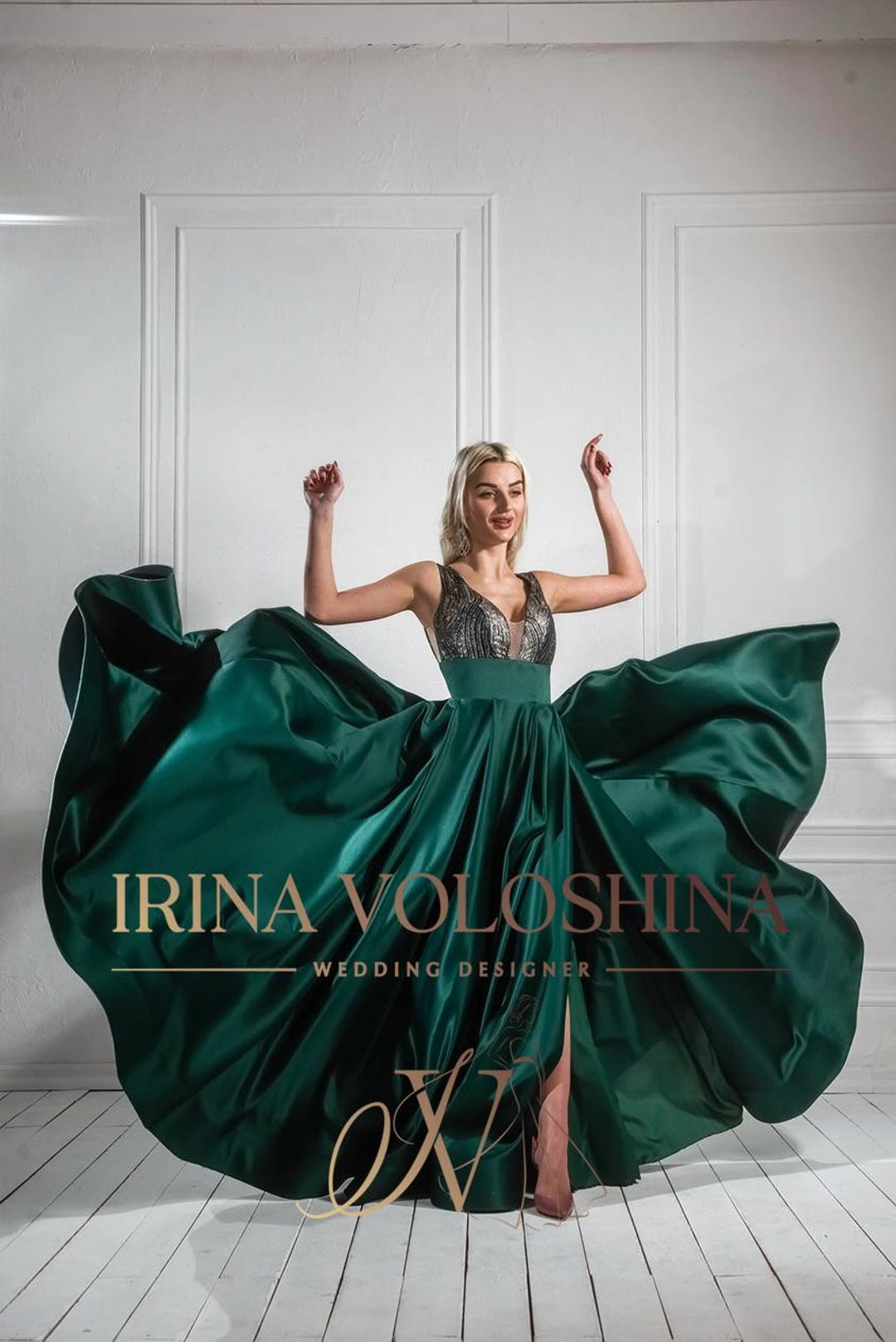 Elegant Green Satin Pleated Ball Gown Formal Birthday Party Dress main image 1