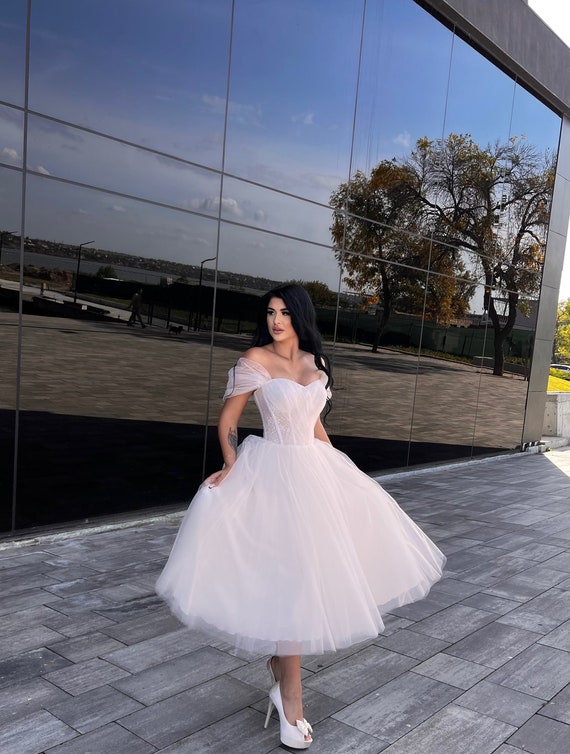 Tea Length Wedding Dress off the Shoulder Wedding Dress Short Wedding Dress Modest Wedding Dress Wedding Ball Gown Sparkly Wedding Dress Etsy Canada