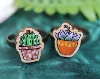 Ring with wooden succulent (cactus + aloe vera) charm; available singly or as a set