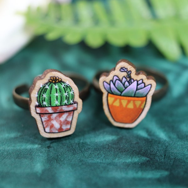 Ring with wooden succulent (cactus + aloe vera) charm; available singly or as a set