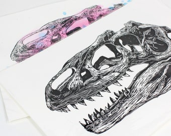 Din A4 linoprint (ginkgo leaf, dinosaur: allosaurus skull, brachiosaurus skull)