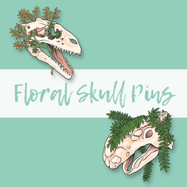 New Floral skull - Dinosaur Pins & Magnets