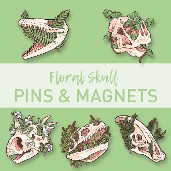 Florale Schädel – Dinosaurier Pins & Magnete