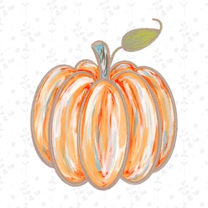 Op de afbeelding: Illustratie van een oranje pompoen met een lichtblauwe stengel en een groen blad. De pompoen heeft verticale oranje en witte penseelstreken, omlijnd met een lichtbruine kleur. De achtergrond is wit met een subtiel bloemmotief.