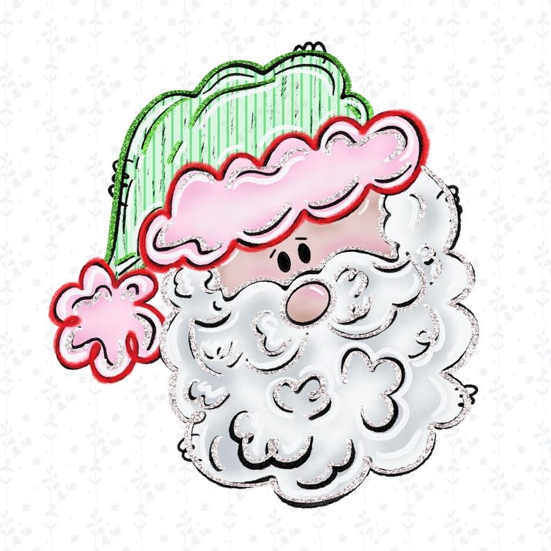 May include: A festive Santa Claus face illustration. The design features a white beard, a pink and red hat with silver glitter accents, and a green striped hat. The image has a cartoonish style, perfect for Christmas decorations.