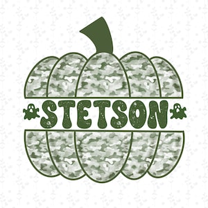 May include: A green and white camouflage pumpkin design with the word "STETSON" in a dark green font. Two small ghost graphics flank the word. The pumpkin has a green stem and is set against a white background with a subtle floral pattern.