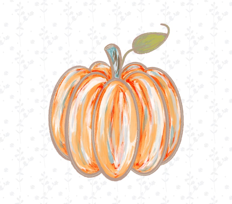 May include: An orange pumpkin illustration with a light blue stem and a green leaf. The pumpkin has vertical orange and white brushstrokes, outlined in a light brown color. The background is white with a subtle floral pattern.