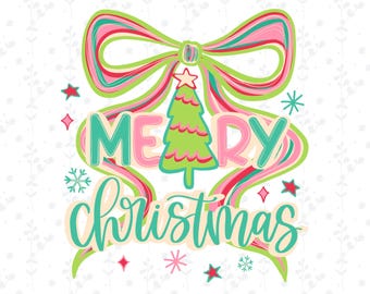 Preppy Merry Christmas PNG ~ Christmas Doodle ~ Coquette Bow PNG ~ Cute Christmas Shirt ~ Hand Painted Doodle ~ Merry Christmas Clip Art