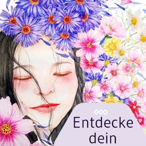 May include: A watercolor illustration of a woman with her eyes closed, surrounded by colorful flowers. The text "Entdecke dein INNERES KIND! -Psychologisches Ausf&uuml;llbuch- " is on a purple hexagon.