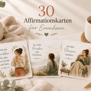 Könnte beinhalten: Drei Affirmationskarten mit Aquarellillustrationen und Text. Die Karten lauten "Ich bin dankbar", "Ich wähle Frieden" und "Ich darf Pausen machen". Die Karten sind von einer Kaffeetasse, einem Stift und dekorativen Elementen umgeben.