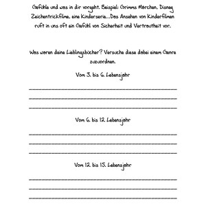 May include: A worksheet with the text "What were your favorite books? Try to assign them to a genre." and "From 3 to 6 years old", "From 6 to 12 years old", and "From 12 to 15 years old".