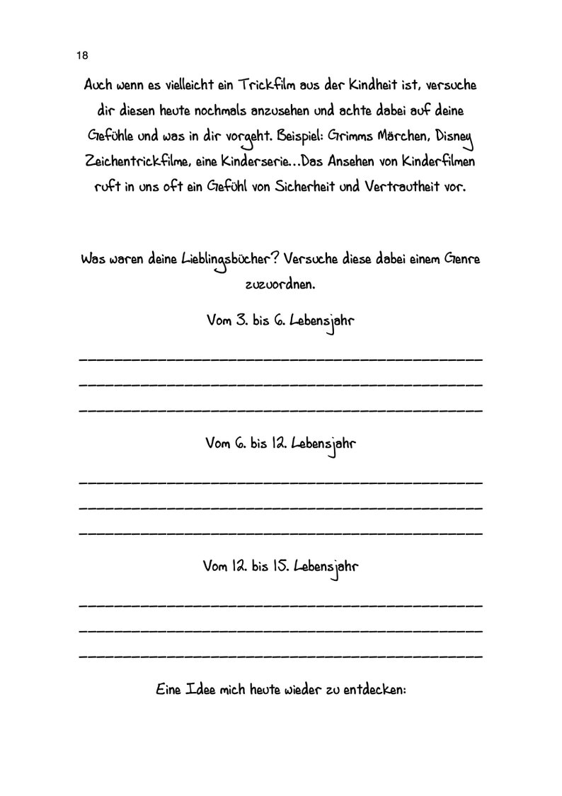 May include: A worksheet with the text "What were your favorite books? Try to assign them to a genre." and "From 3 to 6 years old", "From 6 to 12 years old", and "From 12 to 15 years old".