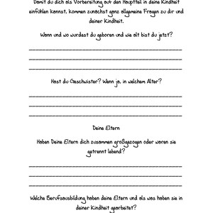 May include: A black and white worksheet with the text "Der Beginn deiner Reise..." and questions about childhood, siblings, and parents. The questions are in German.