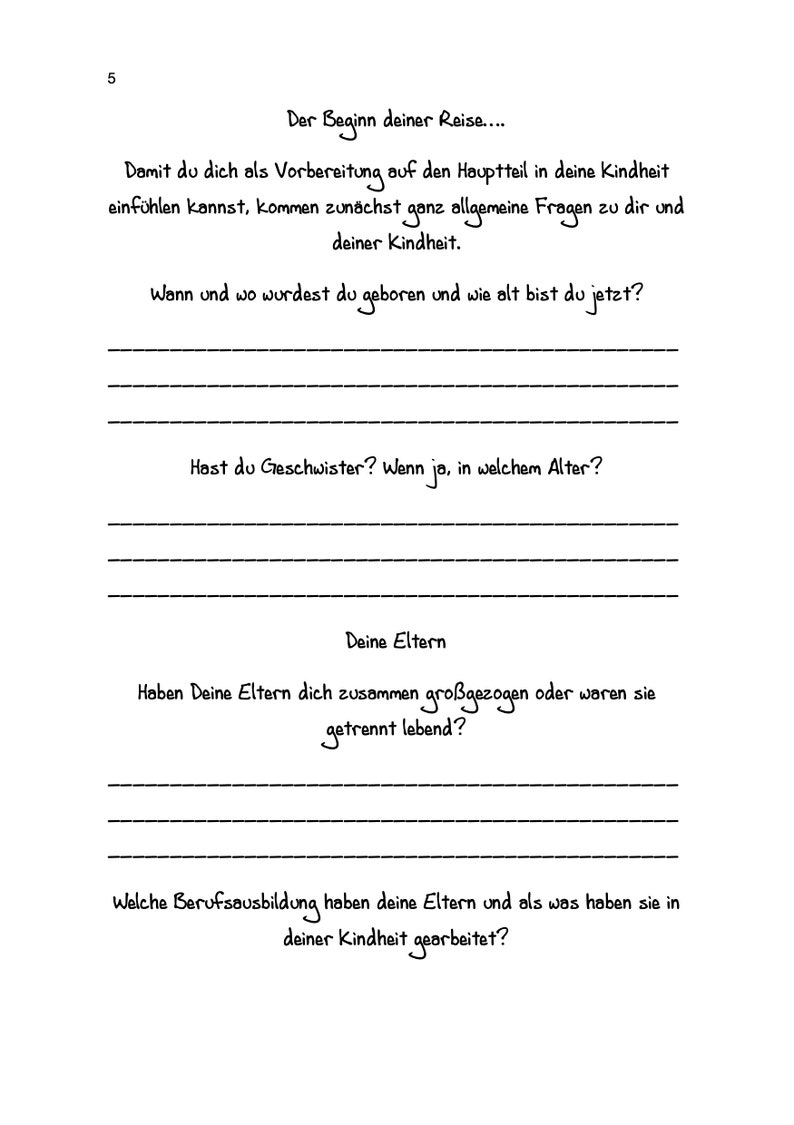 May include: A black and white worksheet with the text "Der Beginn deiner Reise..." and questions about childhood, siblings, and parents. The questions are in German.
