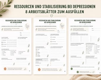 Ressourcen und Stabilisierung bei Depressionen, 8 Arbeitsblätter zum Ausfüllen, Therapie Material PDF, A4 Printable Deutsch