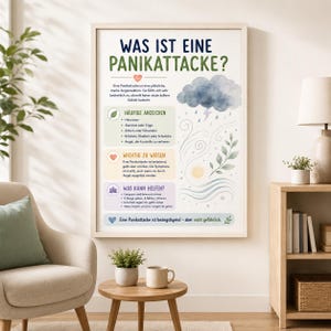 May include: A framed educational poster titled WAS IST EINE PANIKATTACKE? featuring German text, a storm cloud, a sun, and a leafy branch. The poster includes sections on symptoms, important facts, and coping strategies with icons like a heart and lotus.