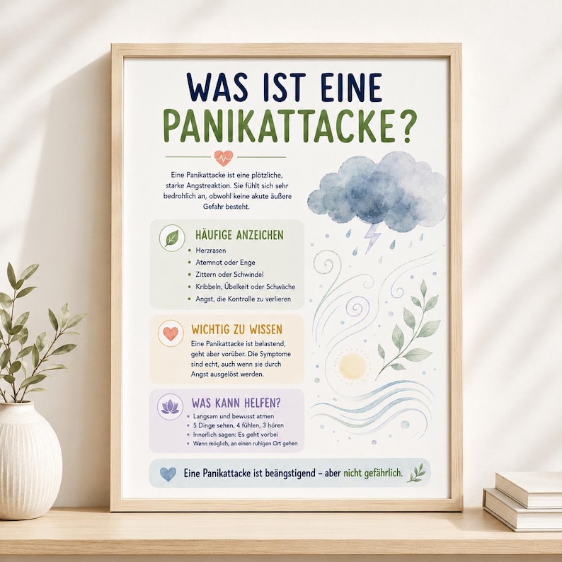 May include: A framed educational poster titled WAS IST EINE PANIKATTACKE? in German, featuring a watercolor storm cloud, a sun, and leaves. The text explains panic attacks, lists symptoms, provides facts, and suggests coping strategies.