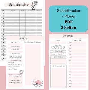 Könnte beinhalten: Ein rosa und blauer druckbarer Schlaf-Tracker und Planer PDF mit dem Text "Schlaftracker + Planer PDF 3 Seiten". Der Schlaf-Tracker enthält Abschnitte für Datum, Dauer, Wachzeit, Schlafenszeit und Schlafqualität. Der Planer enthält Abschnitte für Datum, Stimmung, Wasseraufnahme, To-Do-Liste und Dankbarkeit.
