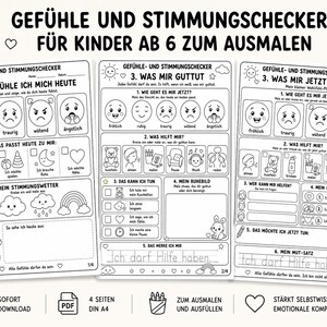 May include: Three black and white printable activity sheets titled Gefühle und Stimmungschecker for children. The pages feature line art illustrations of faces, teddy bears, and weather icons with German text prompts for tracking emotions and self-care.