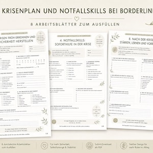Może przedstawiać: Zestaw trzech arkuszy do wydruku w języku niemieckim, przeznaczonych do zarządzania kryzysowego i umiejętności reagowania w sytuacjach awaryjnych związanych z zaburzeniem osobowości typu borderline. Arkusze są beżowe z dekoracyjnymi elementami kwiatowymi.