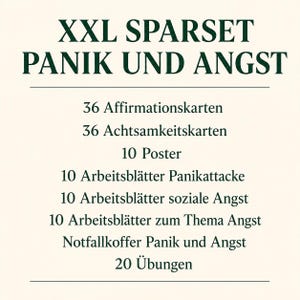 Könnte beinhalten: Ein Set aus gedruckten Materialien mit dem Titel XXL SPARSET PANIK UND ANGST, bestehend aus 36 Affirmationskarten, 36 Achtsamkeitskarten, 10 Postern, 10 Arbeitsblättern zu Panikattacken, 10 Arbeitsblättern zu sozialer Angst, 10 Arbeitsblättern zum Thema Angst, einem Notfallkoffer und 20 Übungen.