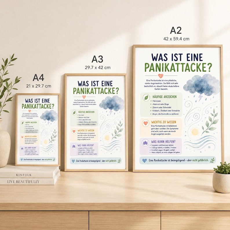 May include: Three educational posters titled WAS IST EINE PANIKATTACKE? in A4, A3, and A2 sizes. The posters feature a watercolor storm cloud, a sun, and a leaf illustration, with text detailing symptoms, important facts, and coping strategies.