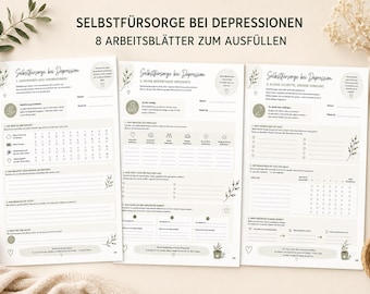 Self-care for depression, 8 worksheets to fill out, therapy material PDF, A4 printable German