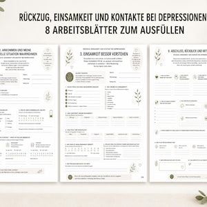 Könnte beinhalten: Drei-Seiten-Arbeitsblätter zum Ausdrucken mit dem Titel "RÜCKZUG, EINSAMKEIT UND KONTAKTE BEI DEPRESSIONEN 8 ARBEITSBLÄTTER ZUM AUSFÜLLEN". Die Seiten haben einen weißen Hintergrund mit grünen und braunen Akzenten und enthalten Ausfüllbereiche und Illustrationen.