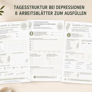 Könnte beinhalten: Drei Arbeitsblätter mit dem Titel "TAGESSTRUKTUR BEI DEPRESSIONEN" in grüner Schrift. Die Arbeitsblätter enthalten Text und Diagramme mit dekorativen floralen Elementen. Das Farbschema ist neutral mit grünen Akzenten.
