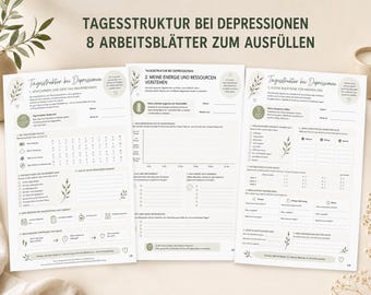 May include: Three worksheets with the title "TAGESSTRUKTUR BEI DEPRESSIONEN" in green text. The worksheets are filled with text and charts, with decorative floral elements. The overall color scheme is neutral with green accents.