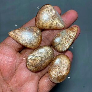 May include: Nine sunstone cabochons in various shapes and sizes, with a golden shimmer and a translucent appearance. The stones are arranged on a hand, with numbers 5 through 9 visible.